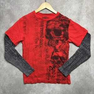 MMA Elite Mens S Red Black Skull Graphic Thermal Long Sleeve Layered Look Tee